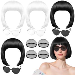 PLULON 4 Pcs Colorful Bob Wigs with Heart Plastic Sunglasses Hair Cap for Women Men, Black White Neon Short Bob Wig Colored Funny Cosplay Hair for Daily Bachelorette Halloween Costume Party Decor