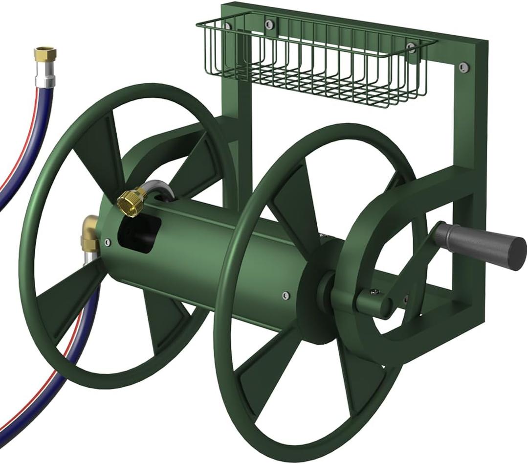 Outdoor Garden Hose Reel Wall Mount, Heavy-Duty Water Hose Holder Winder with 3.9 ft Leader Hose, Brass Fitting and Storage Basket for Yard, Holds 125 Feet of 5/8-Inch Hose, Green