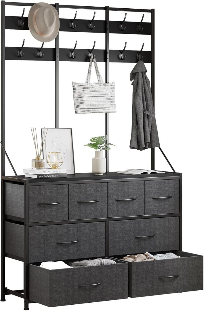 LUMTOK 8 Drawers Dresser, Chest of Drawer, Clothes Rack with Fabric Drawers, Hall Tree with Hooks and Drawers for Clothes, Toys, for Hallway, Entryway,Bedroom, Living Room, Closets & Nursery(Grey)