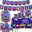 142pcs Video Game Birthday Decorations Gamer Party Tableware Video Game On Themed Plates Napkins Cups Tablecloth Banner for Boys Girls Neon Gaming Party Favors Supplies
