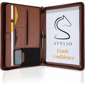 STYLIO Zipper Padfolio Portfolio Binder Organizer (Tan Color) | Faux Leather Portfolio for Resume, Documents, Phone, Tablet, Business Supplies and Cards | Letter Sized Notepad Included | Brown (21.5" x 13.5" (opened up))
