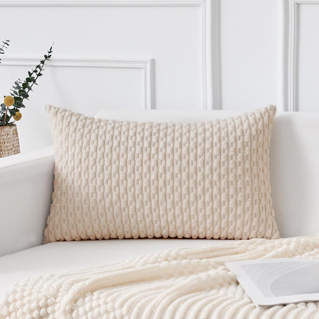 Kevin Textile 14x24 Inch Pillow Cover 1 Pack Boho Decorative Soft Striped Corduroy Lumbar Farmhouse Solid Color Accent Rectangle Cushion Case for Living Room Couch Sofa Bed, Cream White