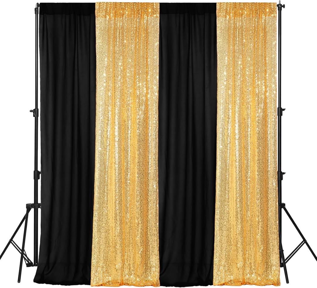 VitalCozy 4 Panels Backdrop Curtains 2 Pcs 4 x 10 ft Sequin Glitter 2 Pcs 7 x 10 ft Chiffon Photo Background Curtains for Graduation Wedding Birthday Party Decorations(Black, Gold)