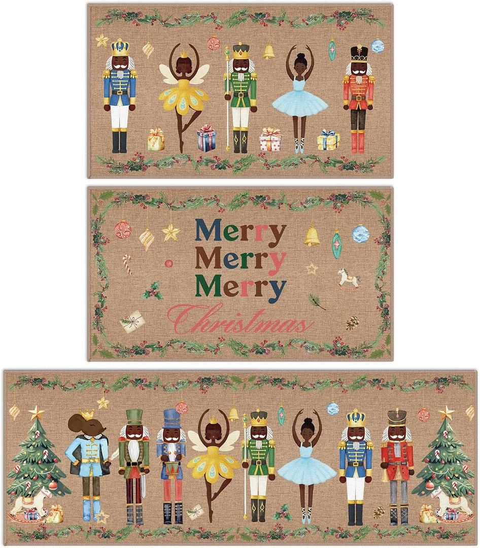Dunzy 3 Pcs African American Nutcracker Christmas Doormat Decorative Black Christmas Doormat Nutcracker Happy Xmas Holiday Entrance Rug Washable Non Slip Welcome Floor Rug for Home Bathroom Kitchen