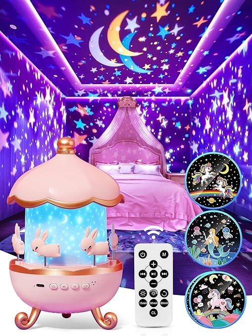 Carousel Night Light for Kids, 15 Music+15 Films+315 Colors Star Projector for Kids Night Light Projector,360°+Remote+1200mah Star Lights for Ceiling,Unicorn Toys for Girls Room Decor Christmas Gifts