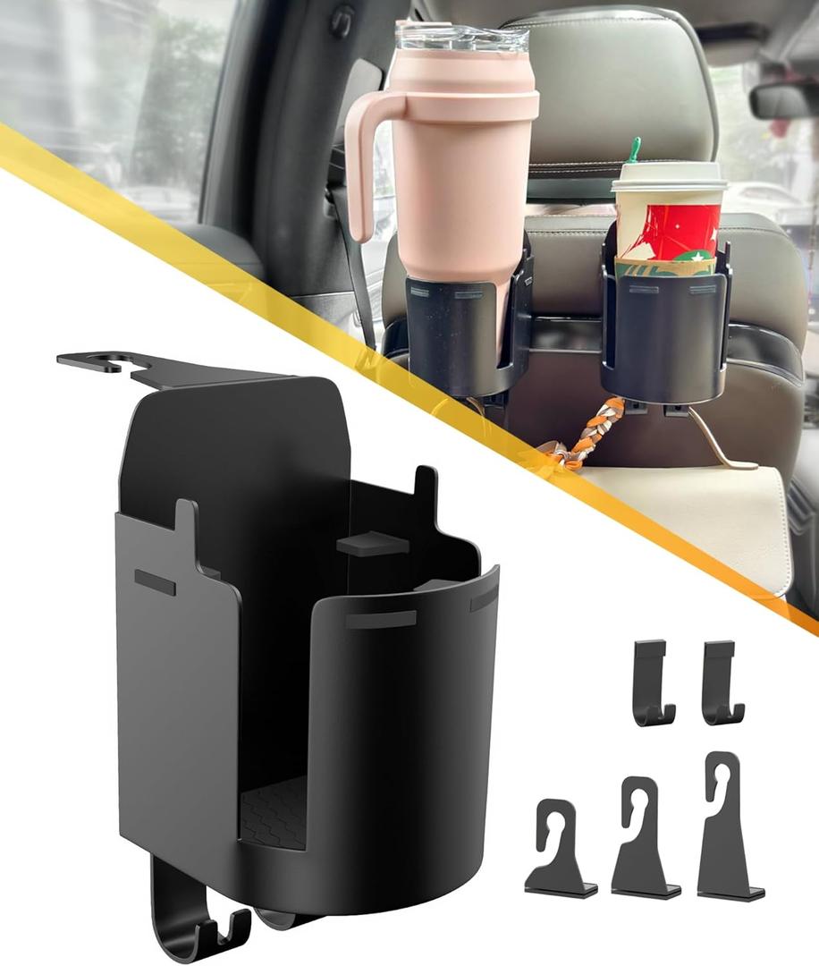Headrest Cup Holder for Back Seat, Stable Spill-Resistant Drink Holder with Hooks for Bags, Fits 50oz Bottles, Compatible with Sedans, SUVs, and Trucks 2 Pack (Deep Black)