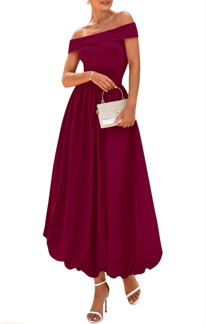 PRETTYGARDEN Womens Summer Off Shoulder Sleeveless Midi Dress Cocktail A Line Flowy Wedding Guest Dresses with Pockets M