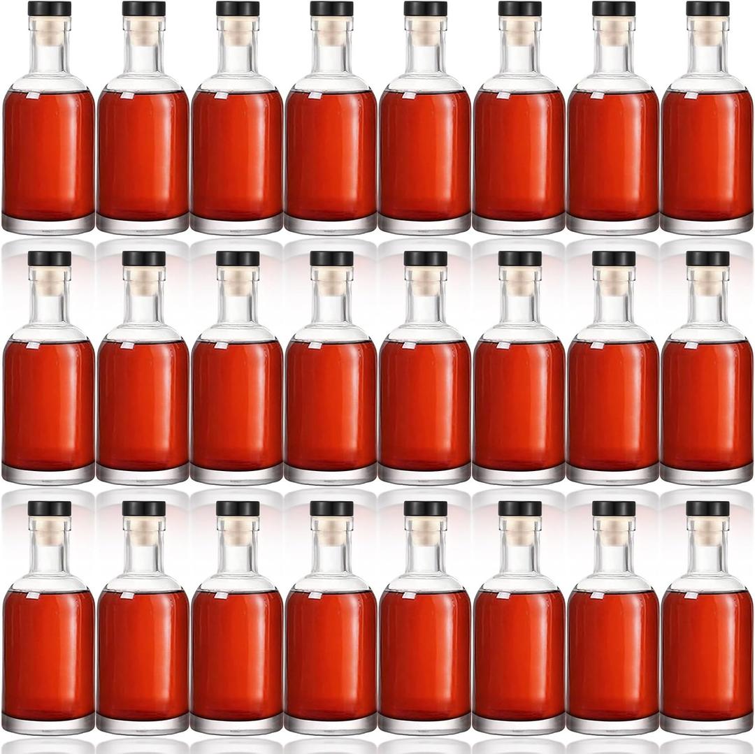 Dandat 24 Pack 6 oz Clear Glass Liquor Bottles With Cork lids Bulk Homebrewing Empty Bottles for Whiskey, Wine, Drinks Oil Vinegar, Vodka, Limoncello, Beverages, Liqueurs, and Alcohol (Black)