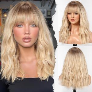 HAIRCUBE Long Wig with Bangs Synthetic Wavy Wigs for Women Blonde with Highlights Color