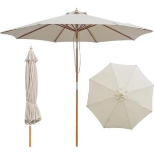 9FT/10FT Bamboo Patio Umbrella, Large Outdoor Umbrella with UPF 50+ Sun Protection, Rope Pulley Lift & Push-Button Tilt, 8-Rib Ventilated Canopy for Garden, Deck, Backyard & Outdoor Dining