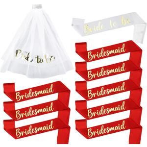 Serencatcher 10 Pcs Red Bachelorette Party Favors Bride to Be Sash and Veil Set with Bridesmaid Sashes for Bachelorette Party Bridal Shower Accessories Gifts Wedding Party Decor,Red