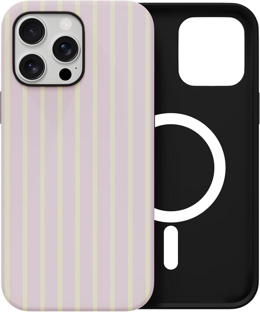 Skyseaco for iPhone 14 Pro Case with Magsafe Cute Striped Phone Case, Shockproof Slim Soft TPU and Hard PC Double Layer Protective Cover for Women, Pink and Yellow