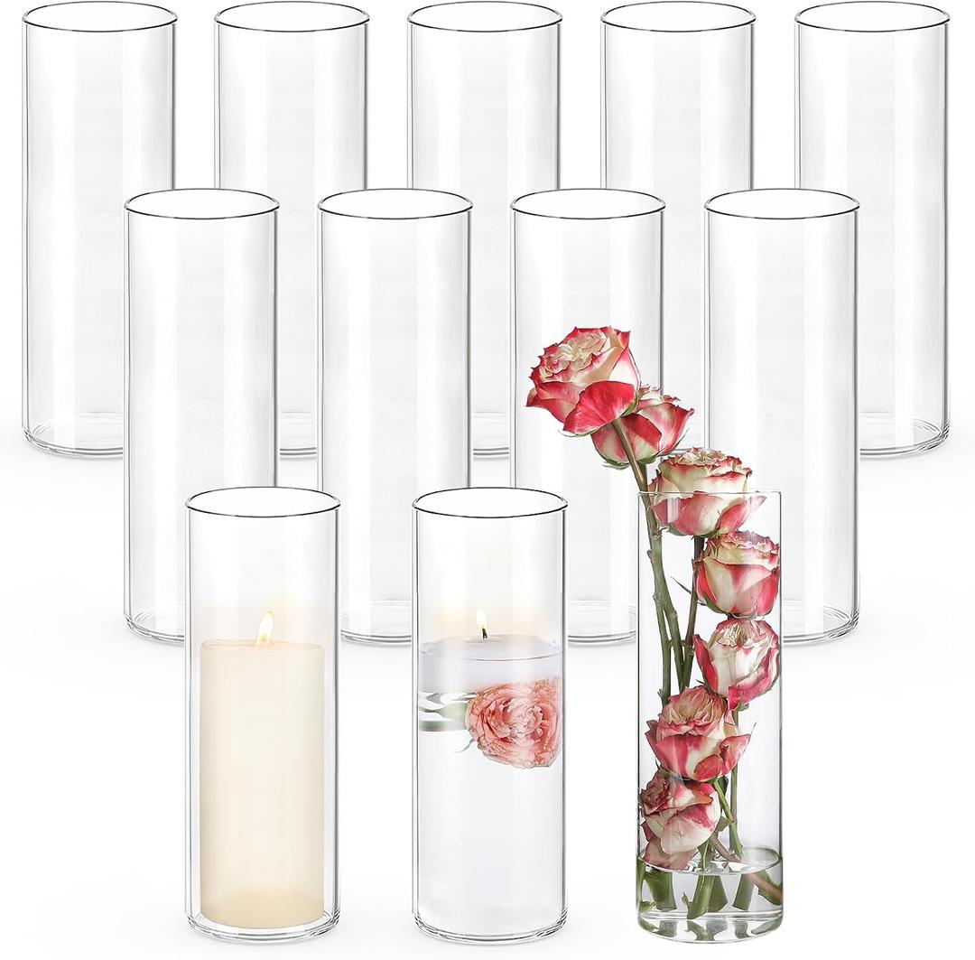 UPBUD 12pcs Glass Cylinder Vases for Centerpieces | 10 Inch Tall Flower Vase for Wedding Decorations, Floating Candle Holders for Dinner Table, Bridal Shower, Office Home Decor