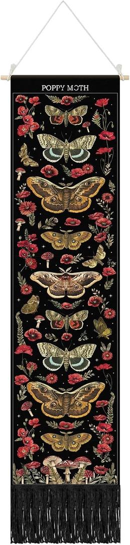 Tegeme Vintage Tapestry 52 x 13 Inch, Long Vertical Wall Hanging Reference Illustrative Botanical Insect Tassel Tapestry for Bedroom Living Room Home Decoration (Poppy Moth)