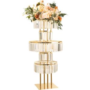 Bigsee Wedding Gold Vases Centerpieces Crystal Flower Stand with Hanging Crystals, 5 Tier Round Chandelier Pedestal Stand for Wedding Road Lead T Stage Flower Arrangement Decoration