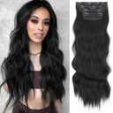 Vigorous Clip in Hair Extensions 4Pcs Black Hair Extension 24 Inch Long Wavy Soft Synthetic Hairpieces for Women