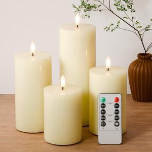 Flickering Flameless Candles, Real Wax Battery Operated Candles with Remote, Flat Top Led Flameless Pillar Candles for Home, Wedding, Party Decor, Set of 4,  3" H 4" 5" 6" 8", Ivory