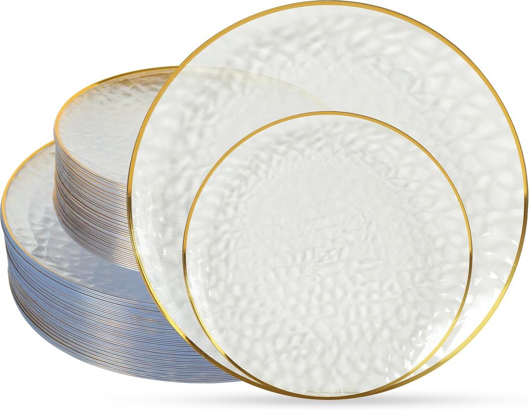 ISFANGCO 72Pcs Clear Plastic Plates with Gold Rim, Clear Disposable Plates, Hammered Party Plate Includes 36 Dinner and 36 Dessert Plates for Party & Wedding