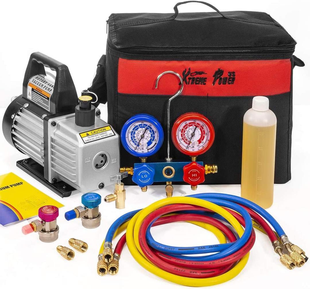 XtremepowerUS 3CFM 1/4HP Vacuum Pump HVAC R134a, R12, R22, R410a, A/C Refrigeration R134 Can Tap Adapter, R134 Quick Connector AC Manifold Gauge Air Conditioner Oil Bottle w/Bag