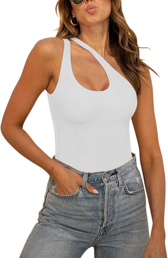 REORIA Butsmooth Women's Trendy Sexy Plunge One Shoulder Sleeveless V Backless Going Out Tank Bodysuits Tops (Medium, White)