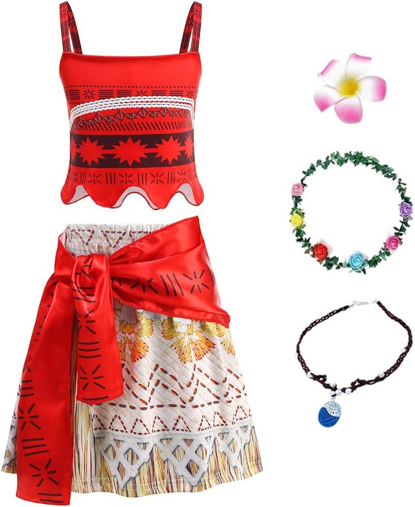Princess Dress for Girls - Halloween Costume with Wreath, Hair Clip & Necklace, Party Outfit for Ages 3-9 (130(6-7 Years), Red02)