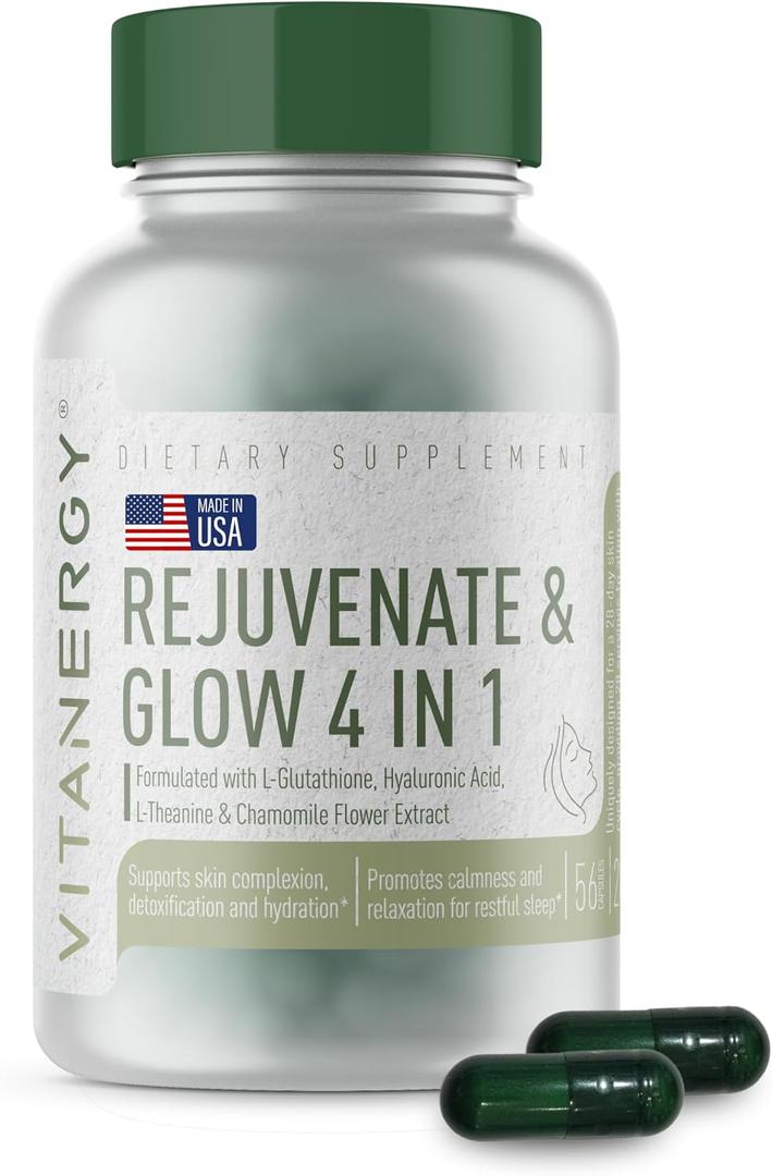 Vitanergy Beauty Sleep & Skin Glow Supplement 4-in-1 Nighttime Support with L-Glutathione, Hyaluronic Acid, L-Theanine & Chamomile Vegan, Made in USA, 56 Capsules