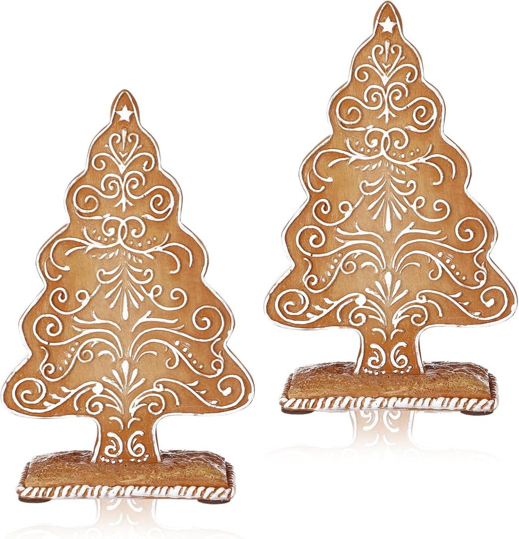 Geelin 2 Set Christmas Gingerbread Gift Resin Gingerbread Tree Figurines Christmas Table Decorations for Tabletop Centerpiece Home Mantel Collectible Gifts, 7.09" x 3.94" x 2.36"(Vintage Brown)