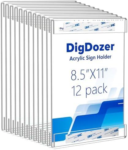 DigDozer 12 Pcs Acrylic Sign Holder 8.5 x 11, Vertical Wall Mount Sign Holders with Adhesive, Clear Plastic Frames Paper Display Sign Holders for Office, Home, Store, Restaurant - No Drilling