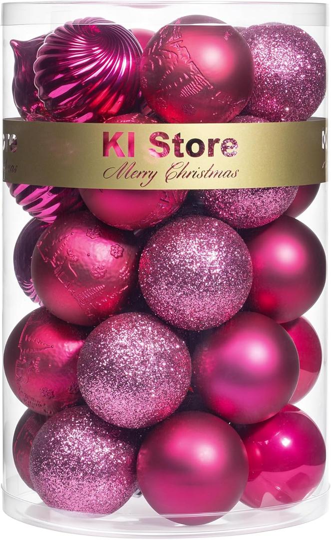 KI Store Hot Pink Christmas Balls 34pcs 2.36-Inch Christmas Tree Decoration Ornaments for Xmas Tree Holiday Wreath Garland Decor Ornaments Hooks Included