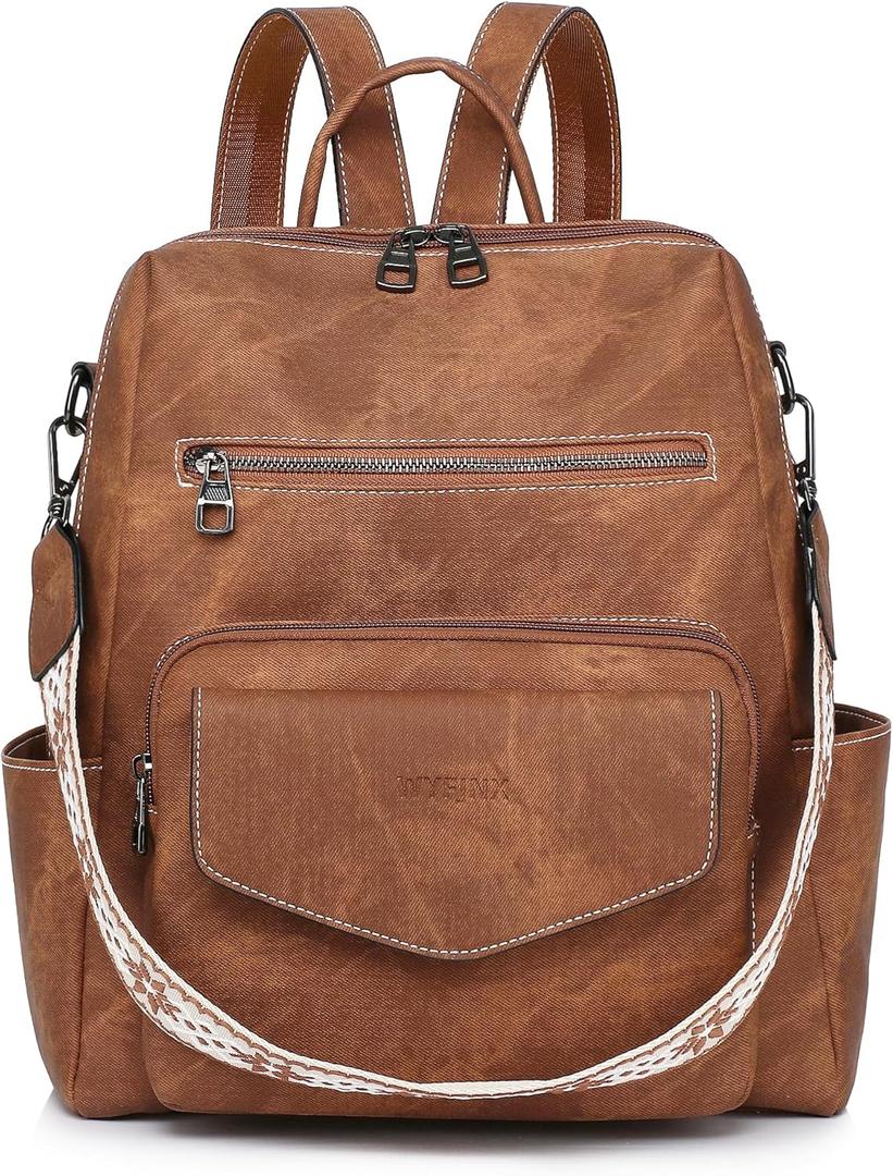 Backpack Purse for Women PU Leather Backpack Ladies Fashion Handbag Designer Shoulder Bag Small Travel Bag Brown, Size 14"L x 5"W x 13"H