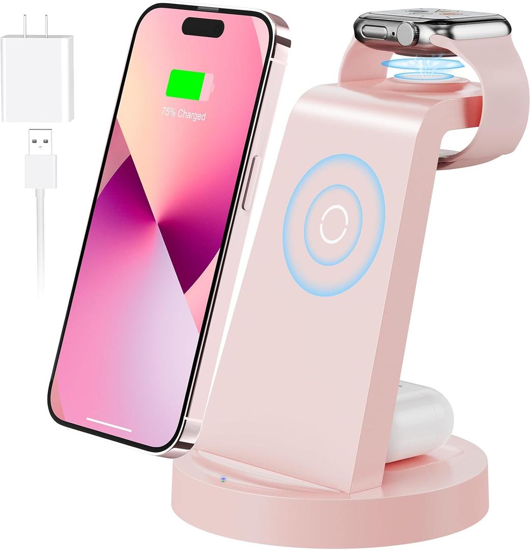 3 in 1 Charging Station for Apple Device, Wireless Charger for iPhone 16 15 14 13 12 11 Pro Max & Apple Watch iwatch- Charging Stand Dock for AirPods (Pink)