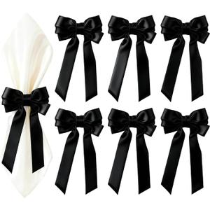 Satin Bow Napkin Rings for Holiday Table Decor, Christmas, Wedding, Party Dining (Black, 2 pcs)