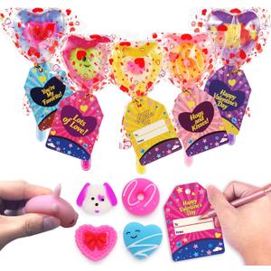 Valentines Day Cards for Kids,24 Pack Heart Lollipop-Shaped Plastic Ball with Valentine Squishy Toys for Kids Valentines Party Favors School Classroom Exchange Gift