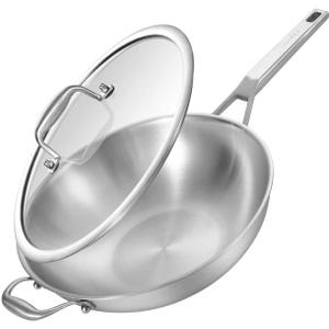 Inqibee 14 Inch Stainless Steel Wok Pan with Lid, Detachable Handle