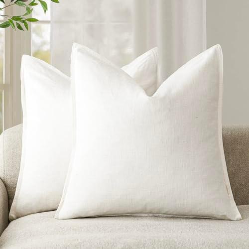 Foindtower Pack of 2, Decorative Linen Soild Throw Pillow Covers Soft Accent Cushion Case Boho Farmhouse Neutral Pillowcase for Chair Couch Sofa Bedroom Living Room Home Decor 24 x 24 Inch Cream White