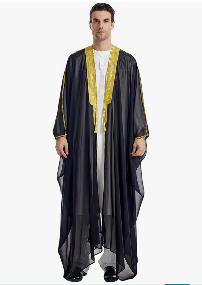 FYMNSI Men's Robe Muslim Clothes Kimono Loose Abaya Dresses Long Sleeve Embroidered Chiffon Kaftan Casual Formal Dubai Thobe, Size medium