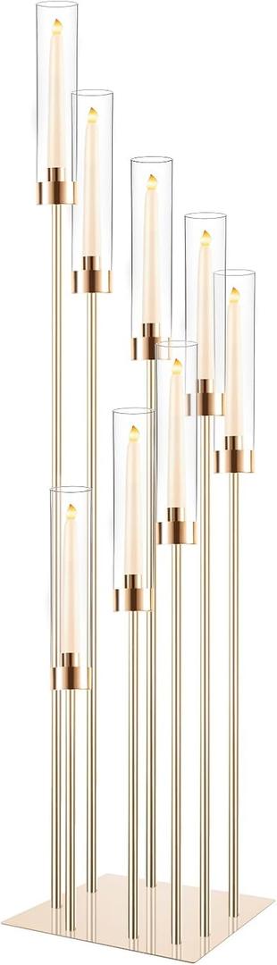 Tall Floor Candle Holder Set, 8-arm Metal Floor Candelabra Candle Holders, Large Gold Wedding Centerpiece, 45.3'' H Candlestick Stand with Acrylic Shade for LED Candles for Party Wedding Home Decor
