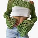 VAOYIU Women's Knit Crochet Crop Tops Long Sleeve Beach Cover Ups Hollow Out Off-Shoulder Y2K Pullover Sweater T-Shirt
,L