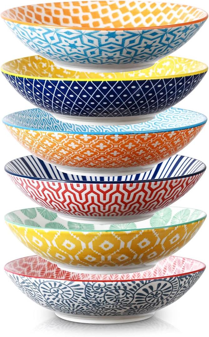 Selamica Porcelain 40oz Large Bowls 9 inch Big Pasta Salad Bowls, Microwave and Oven Safe, Colorful, Set of 6 (Assorted Colors)