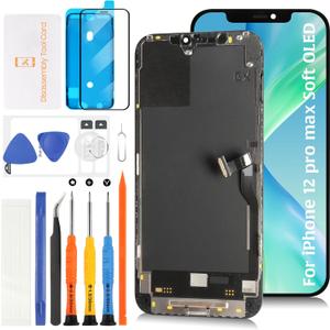 for iPhone 12 Pro Max Soft OLED Screen Replacement 6.7" Display Assembly with Ear Speaker & Proximity Sensor Flex Cable Touch Digitizer Repair Kit A2342 A2410 A2411 A2412