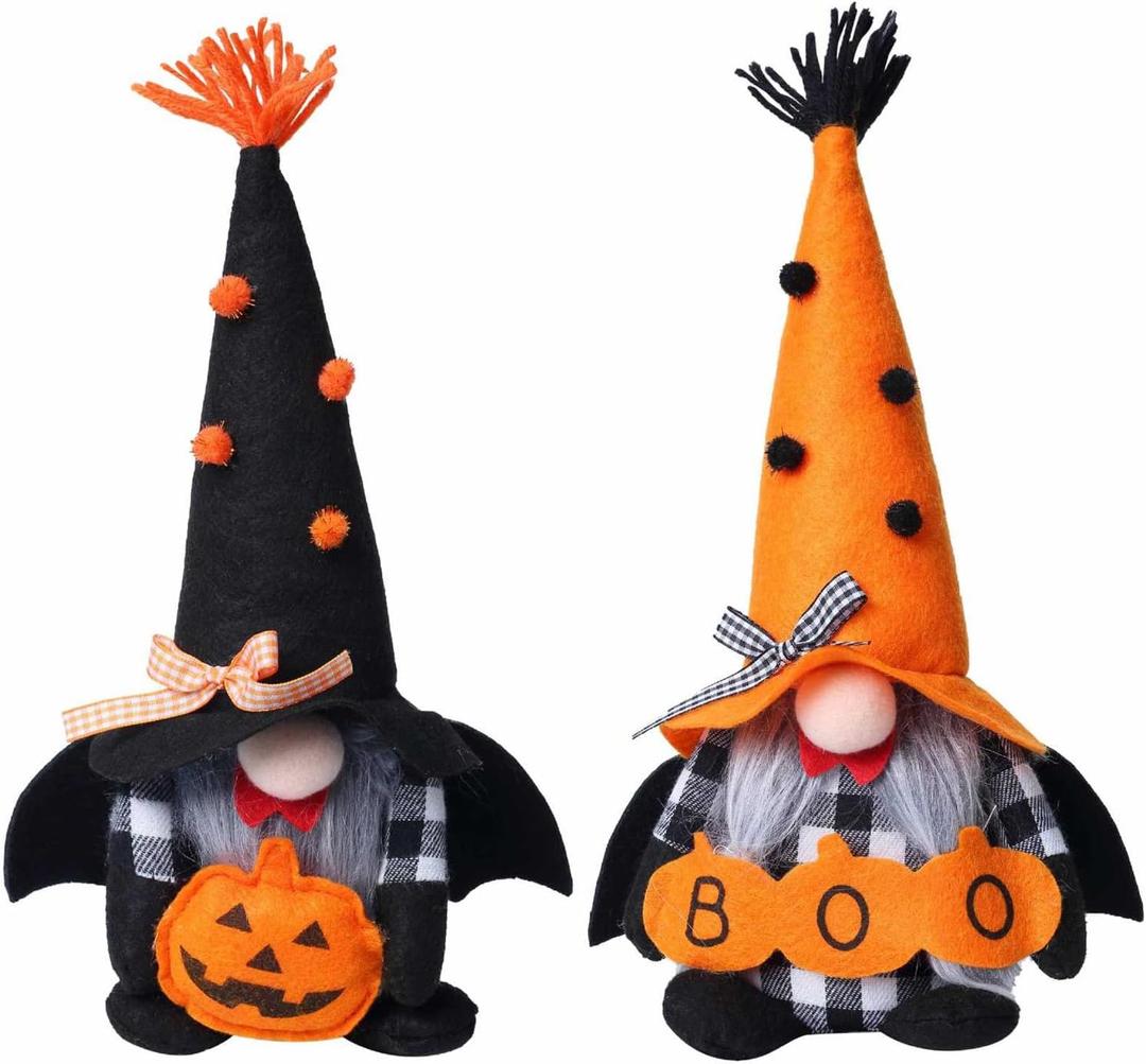 Ni-JASW Halloween Plush Gnomes Set of 2, Spooky Orange Black Bats Boo Swedish Tomte Elf Figurines Tiered Tray Decor