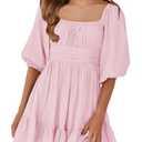 Girls Summer Dresses Square Neck Lantern Sleeve Tie Backless Ruffle A-Line Party Mini Dress Pink, 150