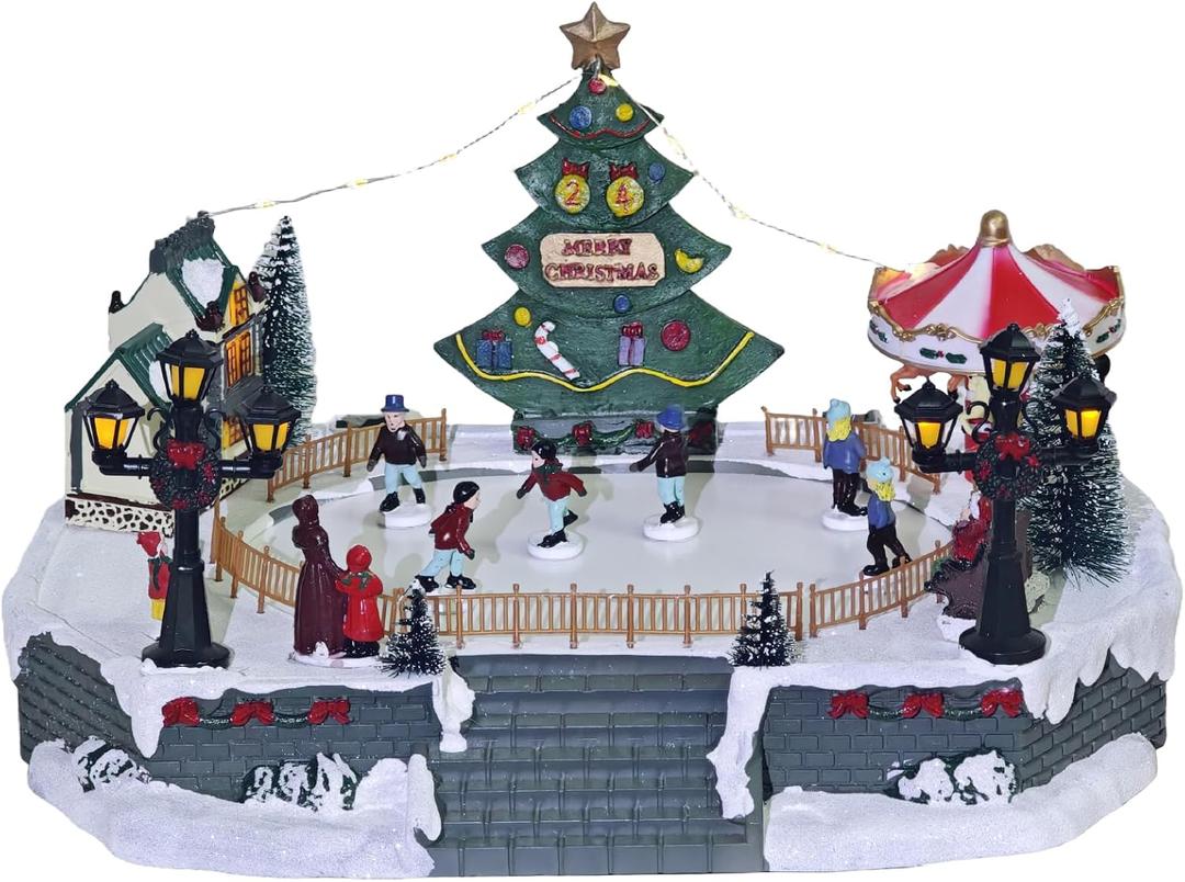 Christmas Village Ice Skating Pond Colorful Animated Scenes with 6 Magnetic Moving Skater Figurines Musical Christmas Village Ice Skating Rink for Xmas Decorations