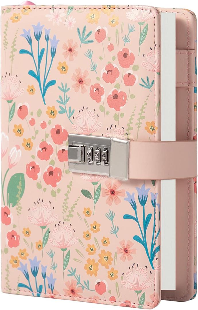 MGGAO Diary with Lock, floral diary for Women Girls, Refillable PU Leather Journal with Lock and Key, Secret Personal Daily Journal, Cute Locked Notebook for Writing Journaling, 224 Pages Lined Notebook (pink)