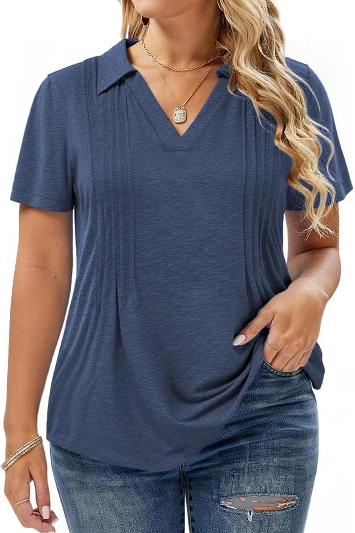 Plus-Size-Summer-Tops for Women Casual Collared V Neck Polo Shirts Business Pleated Tunics Trendy Short Sleeve Blouses (Blue, XXL)