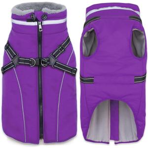 Fragralley Dog Coat with Harness Built in, Waterproof Windproof Reflective Warm Puffer Jacket, Fleece Lined Vest Winter Parka for Small, Medium, Large Dogs (Purple)