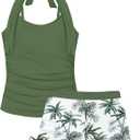 Girls Swimsuit 2 Piece Halterneck Girls Tankini Swimsuit Drawstring Printed Swim Shorts Girl Bathing Suit for 7-16T (7-8 Years, Green)