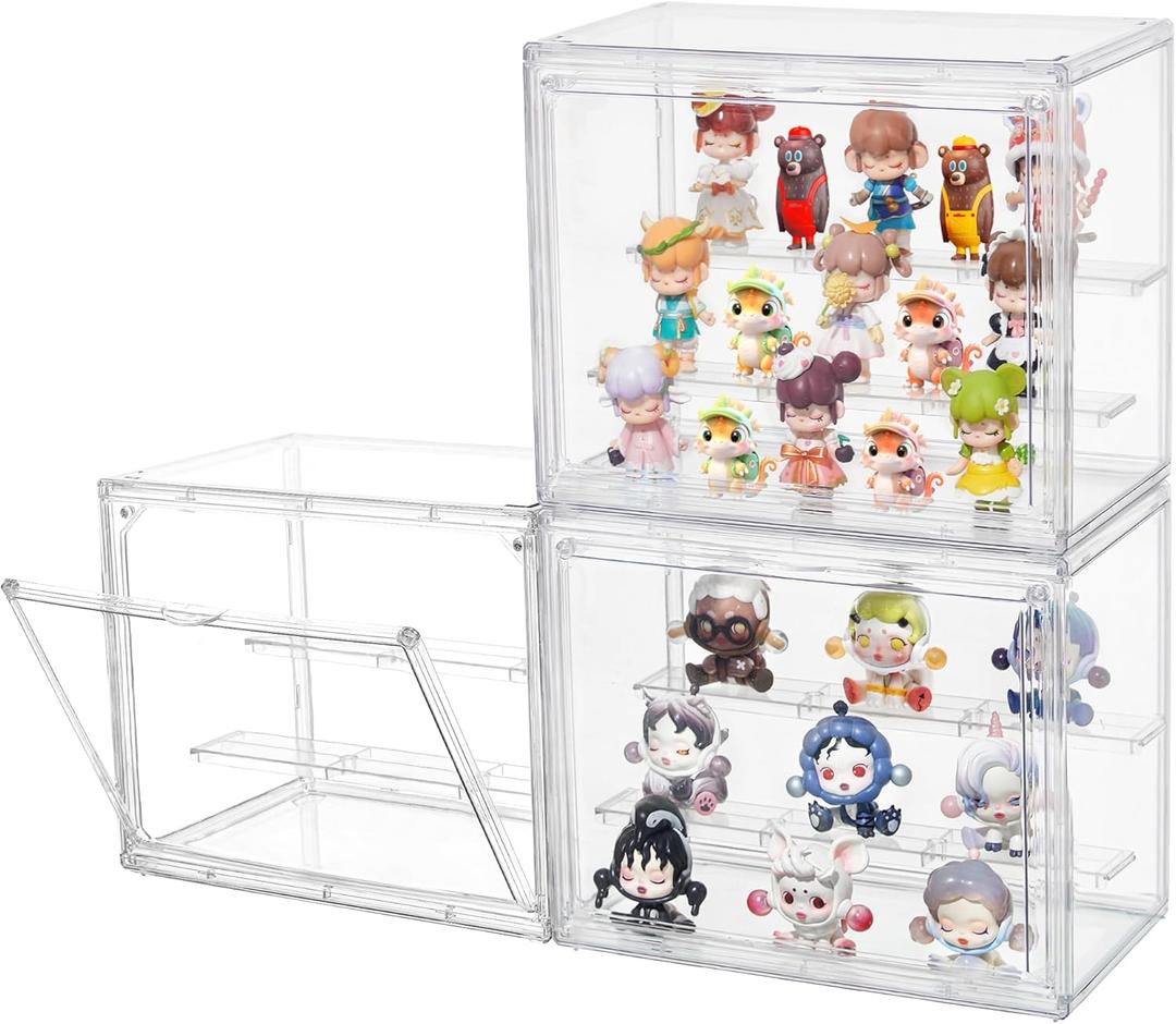 3 Pack Acrylic Display Case,3 Layer Clear Display Case Adjustable Display Box Stand with 2 Movable Dividers Small Showcase Magnetic Door for Mini Figures,Collections