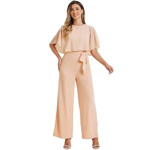 Allegra K Ruffle Sleeve Jumpsuit for Women's Dressy Casual Tie Waist Wide Leg Pants Outfits Apricot, Small
