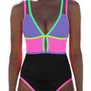 popvil Women One Piece Swimsuit 2026 Tummy Control Sexy Cutout Neon Color Block Bathing Suit Slimming Adjustable Swimwear, Purple Small